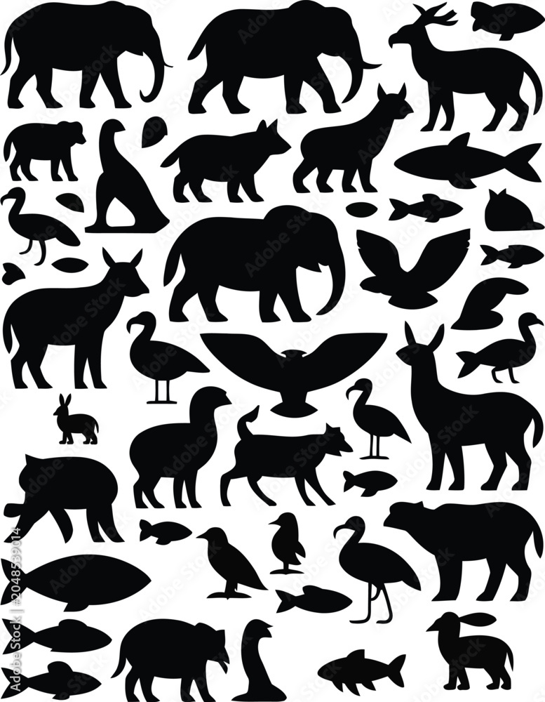 Obraz premium Black animal silhouettes, wildlife icons, vector set, 40 animal shapes