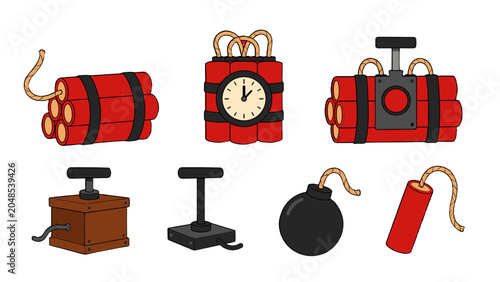 Quadro su tela Cartoon explosive devices and detonators set on white