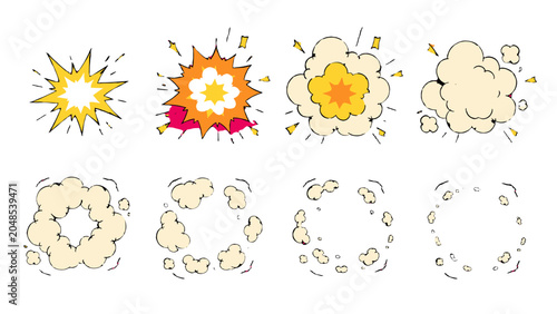 Quadro su tela Cartoon explosion and smoke cloud effect set on white background