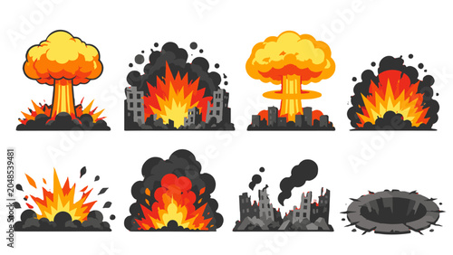 Photos Set of cartoon explosion and mushroom cloud disaster icons