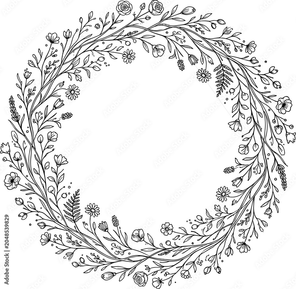 Obraz premium Hand-drawn black-and-white floral wreath with delicate leaves and small flowers, circular botanical frame vector for invitations and decor