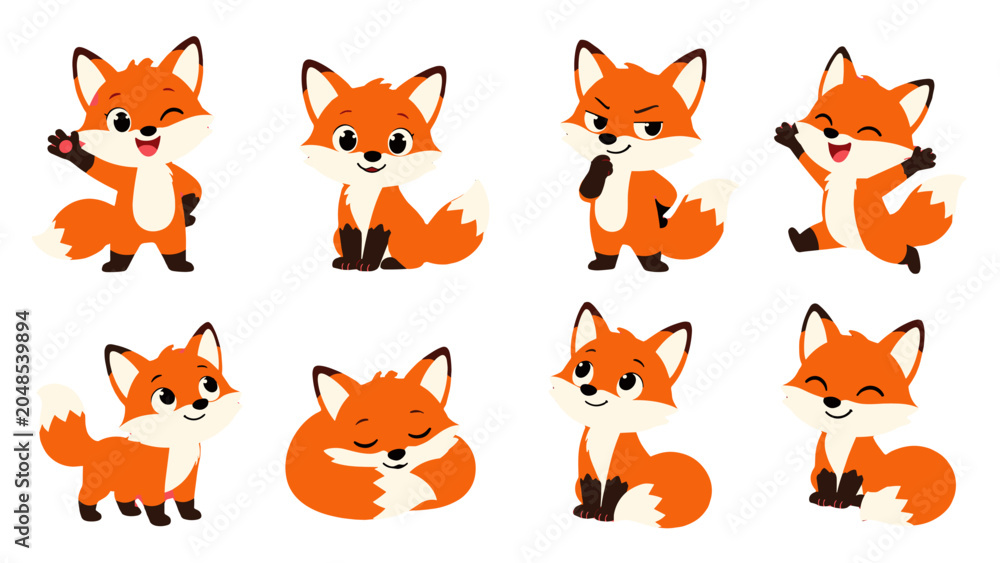 Fototapeta premium Cute cartoon fox character set with different poses