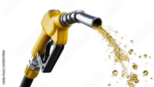 Картината върху платно Isolated yellow fuel pump nozzle spraying golden gasoline or oil with splashes