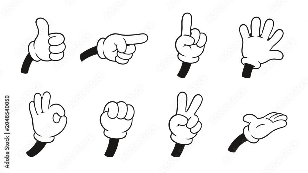 Fototapeta premium Set of cartoon glove hand gestures in black and white