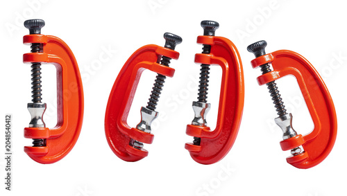 Bild auf Leinwand Isolated set of bright orange C-clamps, versatile clamping devices for construct
