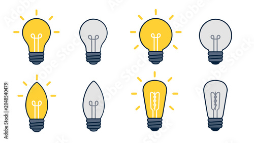 Billede på lærred Set of glowing and unlit light bulb icons in flat outline style
