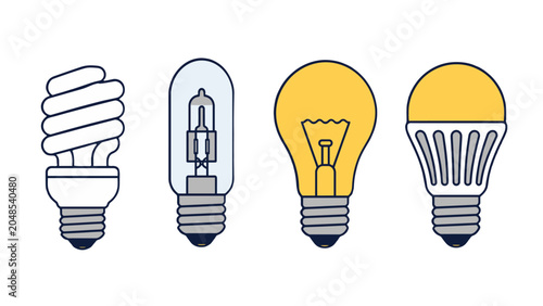 Fotografie Set of four light bulb types in simple vector style