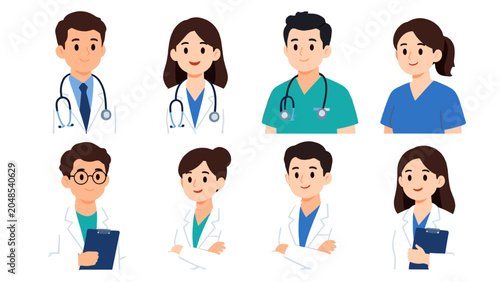 Fényképezés Set of doctor and nurse character avatars in flat style