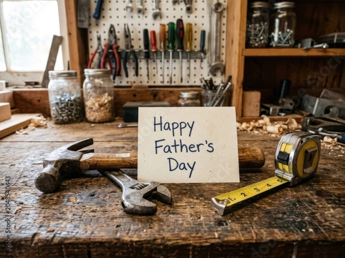 Happy fathers day card on a workbench with tools and equipment
