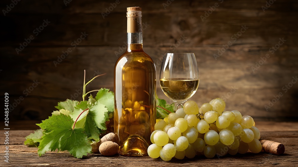 Obraz premium wine list background; sweet white grapes and wine bottle 