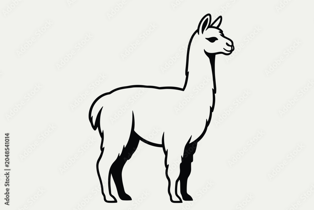Fototapeta premium Simple black and white line art drawing of a llama or alpaca standing in profile against a light gray background for coloring.