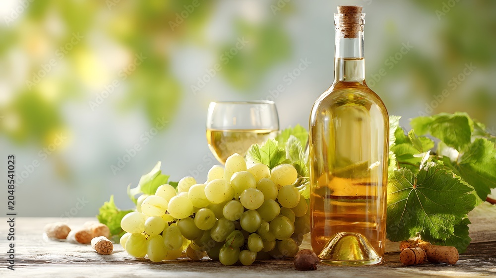 Obraz premium wine list background; sweet white grapes and wine bottle 