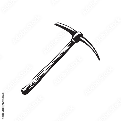 A detailed black and white hand drawn illustration of a classic metal pickaxe used for mining and construction