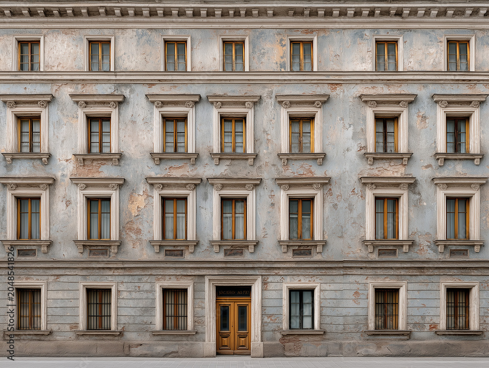 Fototapeta premium Classic European building facade with symmetrical windows, weathered light blue plaster walls, and rustic wooden door
