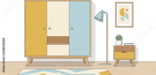 Foto Modern minimalist bedroom wardrobe and furniture interior with floor lamp nights