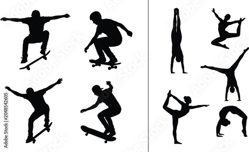 Fotografia Skateboarding and Gymnastics Silhouettes Set