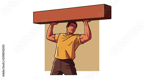 Muscular man lifting a heavy wooden beam