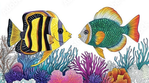 Two colorful tropical fish facing each other amidst vibrant coral, rendered in intricate detail