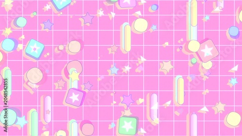 Colorful squares, stars, rounded lines, and circles flying up against pink grid background animation. (loop)