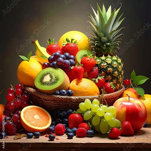 A vibrant arrangement of various fresh fruits in a wicker bowl