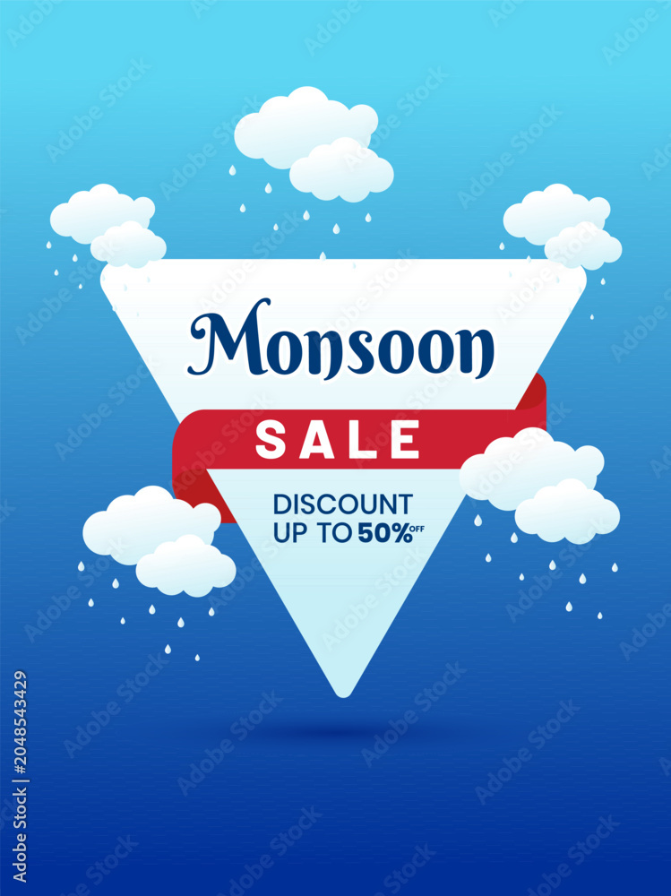 Obraz premium Monsoon Season sale banner, poster, web header or social media creative for promotional or advertising, Vector Illustration or umbrella, rainbow, clouds and water drops.