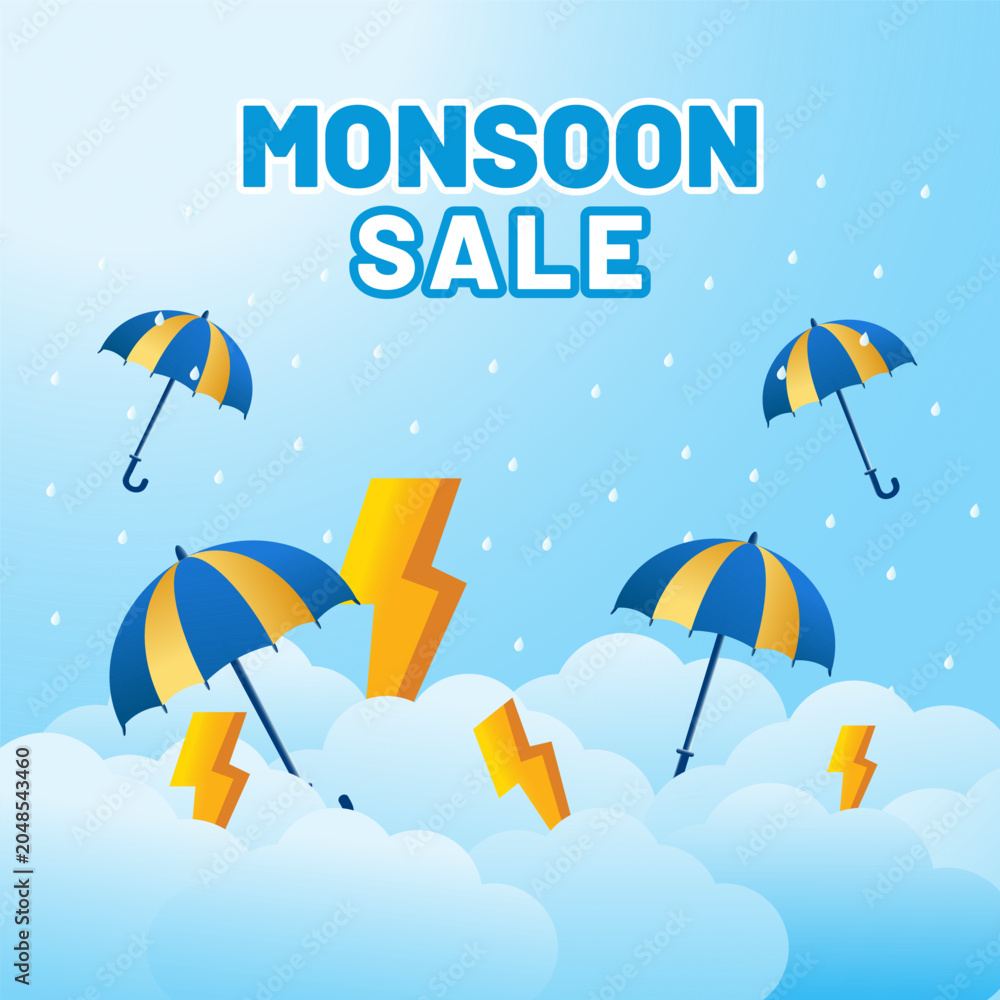 Obraz premium Monsoon Season sale banner, poster, web header or social media creative for promotional or advertising, Vector Illustration or umbrella, rainbow, clouds and water drops.