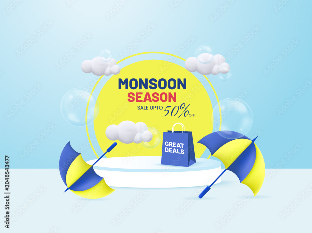 Obraz premium Monsoon Season sale banner, poster, web header or social media creative for promotional or advertising, Vector Illustration or umbrella, rainbow, clouds and water drops.