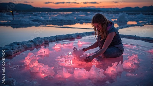 Young woman harvesting salt crystals inside glowing pink mineral lake during twilight, cinematic pastel reflections, realistic water ripples and crystal textures