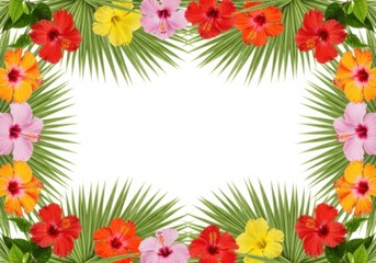 Colorful tropical hibiscus flowers and green palm leaves frame border design