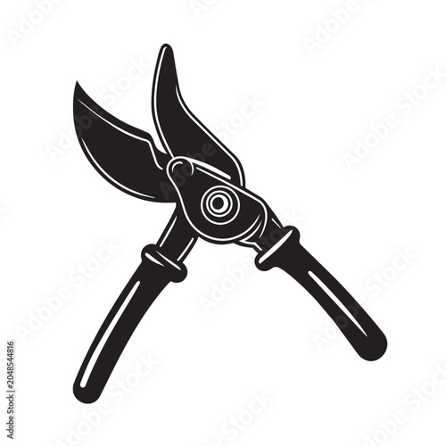 Black and white illustration of garden pruning shears for landscaping and horticulture tasks on white background