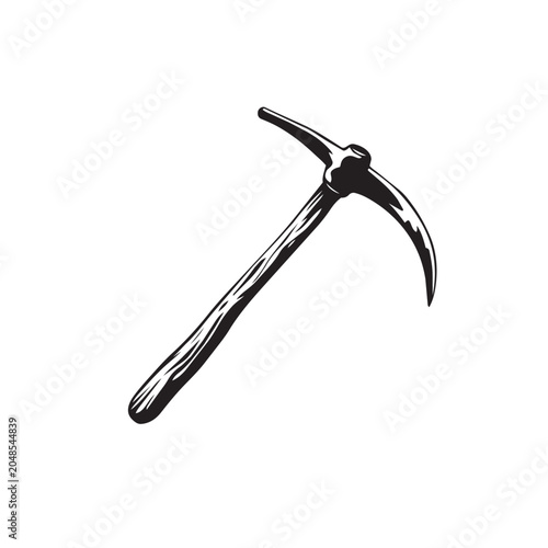 A detailed black and white sketch of a traditional metal pickaxe isolated on a plain white background