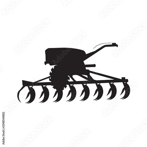 Black silhouette of an agricultural farm seeder machine isolated on a clean white background for farming design
