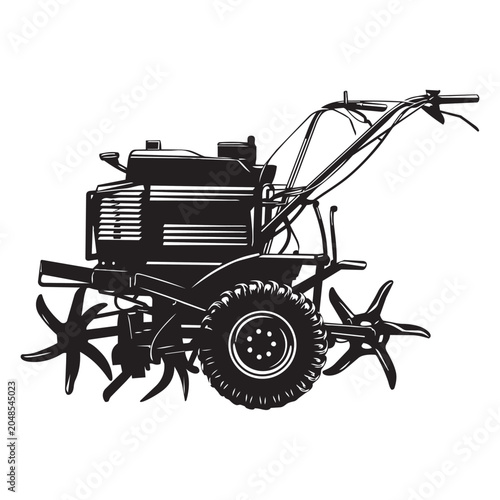 Black and white silhouette illustration of a walk behind garden tiller for agricultural and landscaping work
