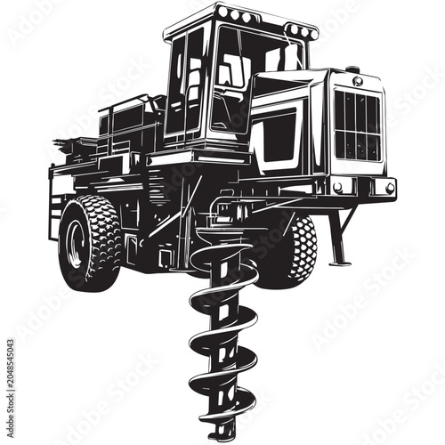 Black and white illustration of a heavy duty industrial earth auger machine used for drilling deep holes