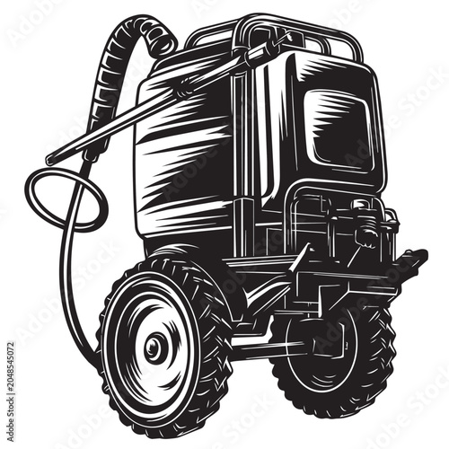 Black and white line art illustration of a portable industrial pressure washer machine on wheels