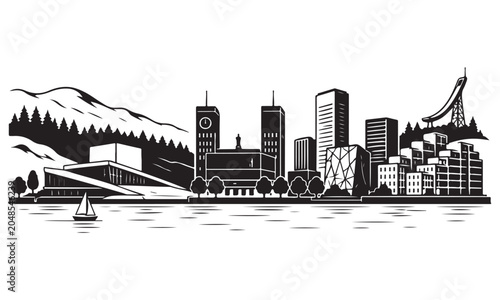 Canvas Print Oslo silhouette, Nordic city skyline, vector isolated on white
