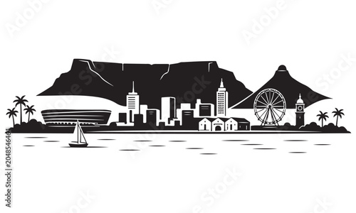Cape Town silhouette, coastal city skyline, vector isolated on white