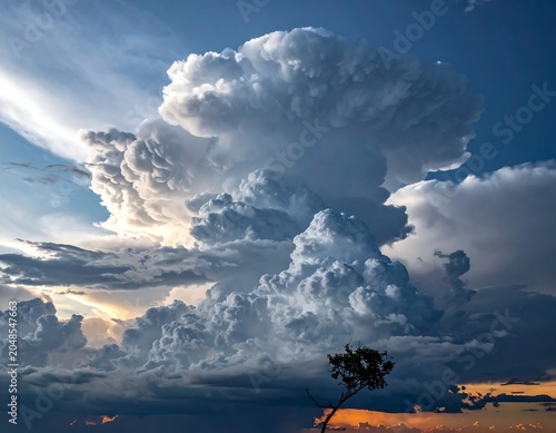 A lone tree under a vast, dramatic cloudy sky at sunset
