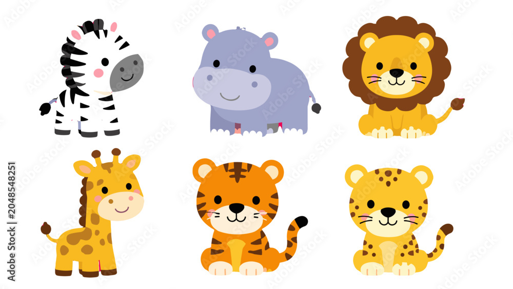 Fototapeta premium Cute cartoon safari and wild animals set in flat vector style