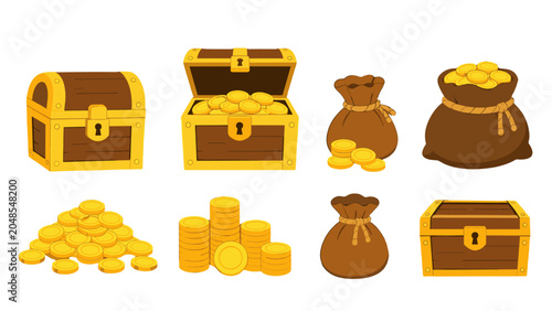 Картината върху платно Set of treasure chests, coin piles, and money bags vector
