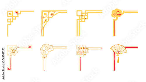 Fotografía Set of ornate decorative corner borders in gold line style