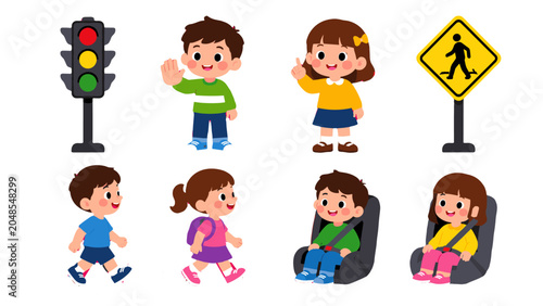 Foto Children traffic safety icons with crosswalk and car seats