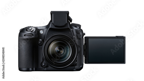 Schilderij op canvas Isolated sleek black digital photo camera with extended articulating screen and
