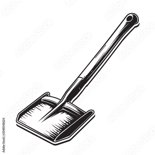 Vintage style black and white line art illustration of a metal garden shovel or spade tool