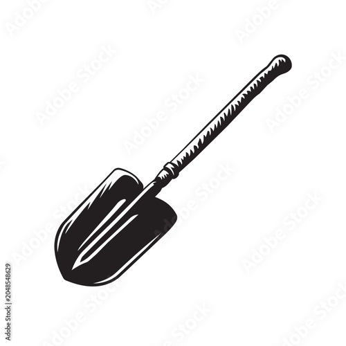 Vintage style hand drawn illustration of a classic gardening shovel isolated on a white background