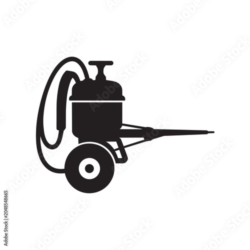 Black silhouette icon of a portable wheeled agricultural sprayer for garden pest control and lawn maintenance