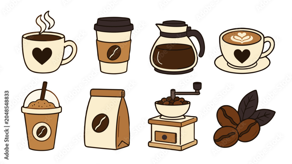 Obraz premium Set of cute coffee icons with cups, beans, grinder and pot