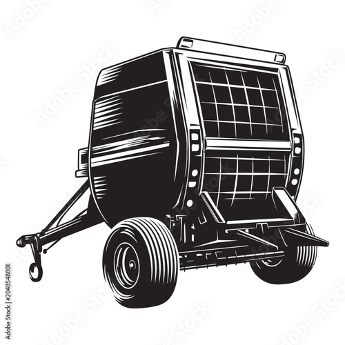 Black and white illustration of a heavy duty agricultural farm trailer for hauling livestock or cargo