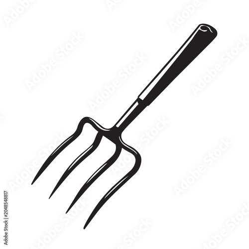 Black and white illustration of a garden pitchfork tool isolated on a plain white background