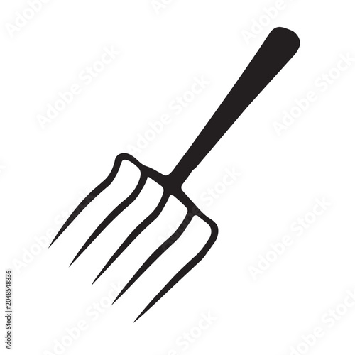 Simple black and white hand drawn illustration of a garden pitchfork isolated on a white background